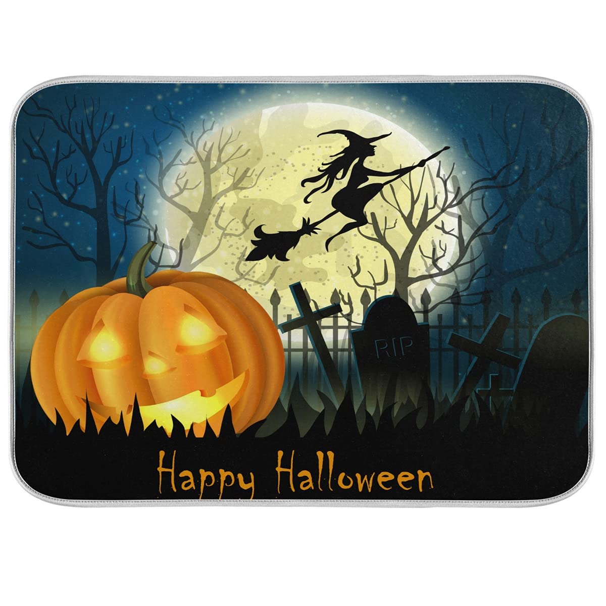 Halloween Night Witch Bat Dish Drying Mat,Pumpkin Latern Absorbent Dish Drying Mat for Kitchen, Extra Large, 16" x 18"