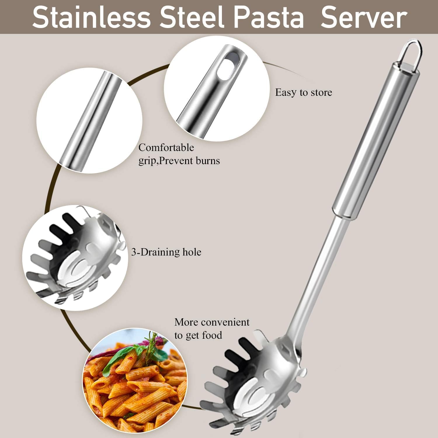 Set 2 Pièces Ustensiles Pâtes Acier Inox - Cuillère Spaghetti Et Pince - Poignée Longue Anti-Chaleur