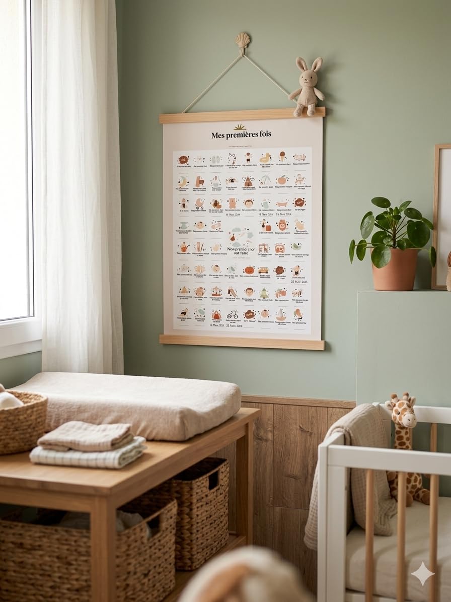 Générique Mes Premières Fois Bébé – Affiche Souvenir A3 avec Baguettes en Bois et Fil de Suspension – Décoration Chambre Bébé Garçon ou Fille – Cadeau Naissance Original