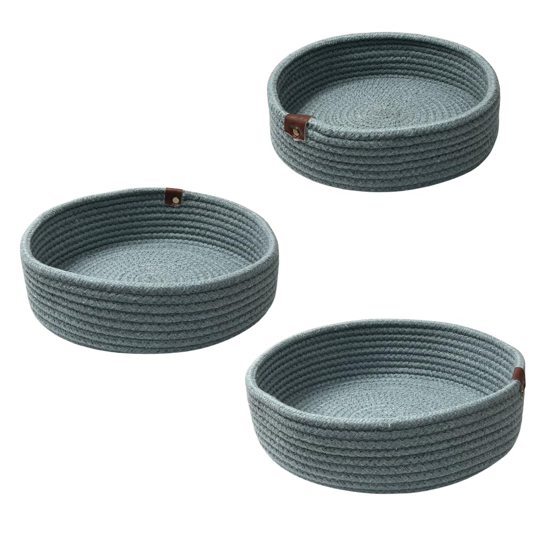 Cotton Rope Round Storage Baskets, Set of 3, Grey, Fabric Basket Organisers, Organiser Tray Set, Grey Baskets - Perfect for Declutterig Countertops, Shelves and Tables
