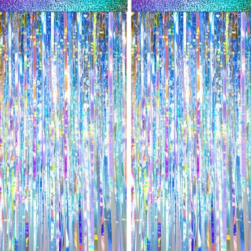 Image of 2 Packs Iridescent Foil Fringe Curtain, Neon Transparent Holographic Tinsel Backdrop for Birthday, Wedding, Baby Shower, Mermaid, Euphoria, Iridescent Party Decorations Supplies