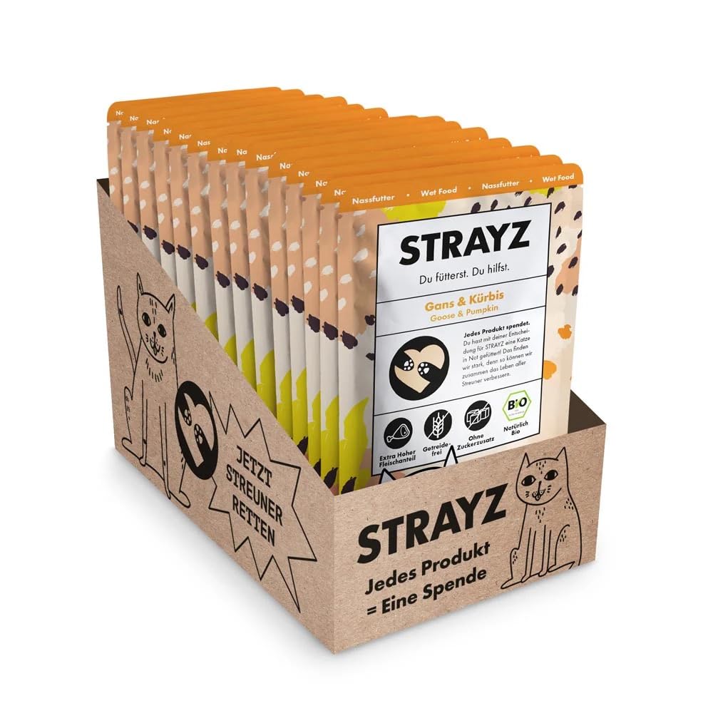 STRAYZ - Bio Katzenfutter Nass - Gans & Kürbis, Getreidefreies Premium Nassfutter für Katzen mit 95% Fleischanteil ohne Zucker - 14x85g Beutel