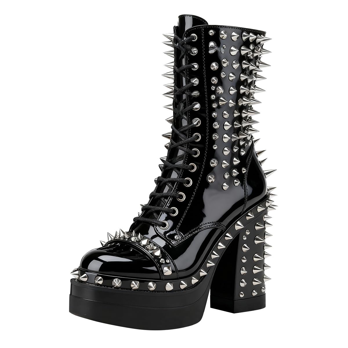 FSJ Women Spiked Platform Ankle Boots Patent Leather Lace-Up Chunky High Heel Closed Round Toe Side Zipper Punk