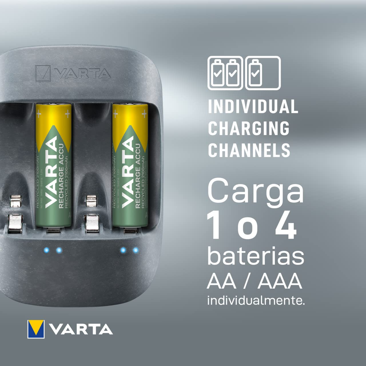 VARTA Cargador de Pilas, incl. 4X AAA 800mAh, cargador para pilas AA/AAA recargables, Eco Charger, carga a ranura única, fabricado con un 50% de material bioplástico