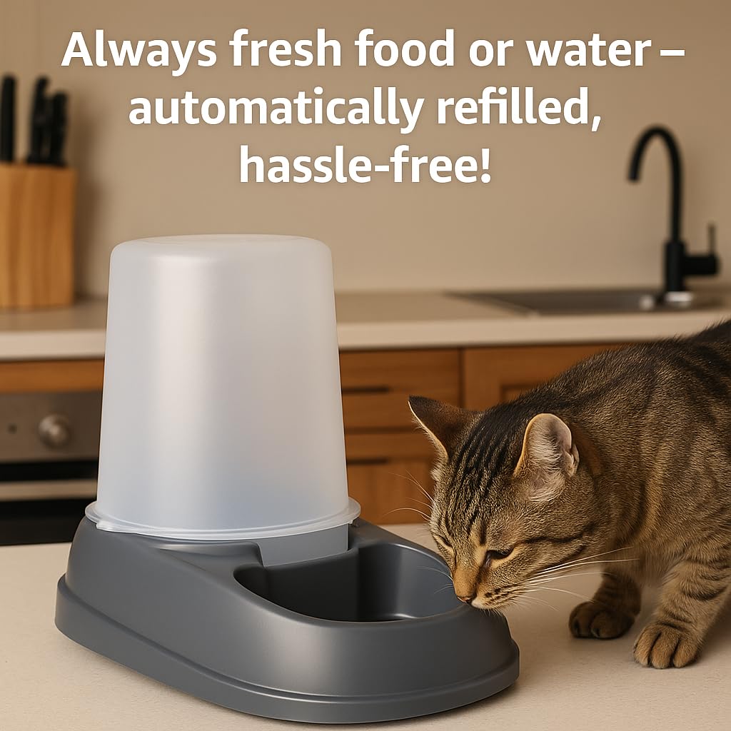 Automatischer Futter- und Wasserspender für Hunde und Katze - 2,5L - Futterautomat Katze - Futterspender Katze - Wasserspender Katzen Hunde - Flamingo Raja grau (Packung mit 2)
