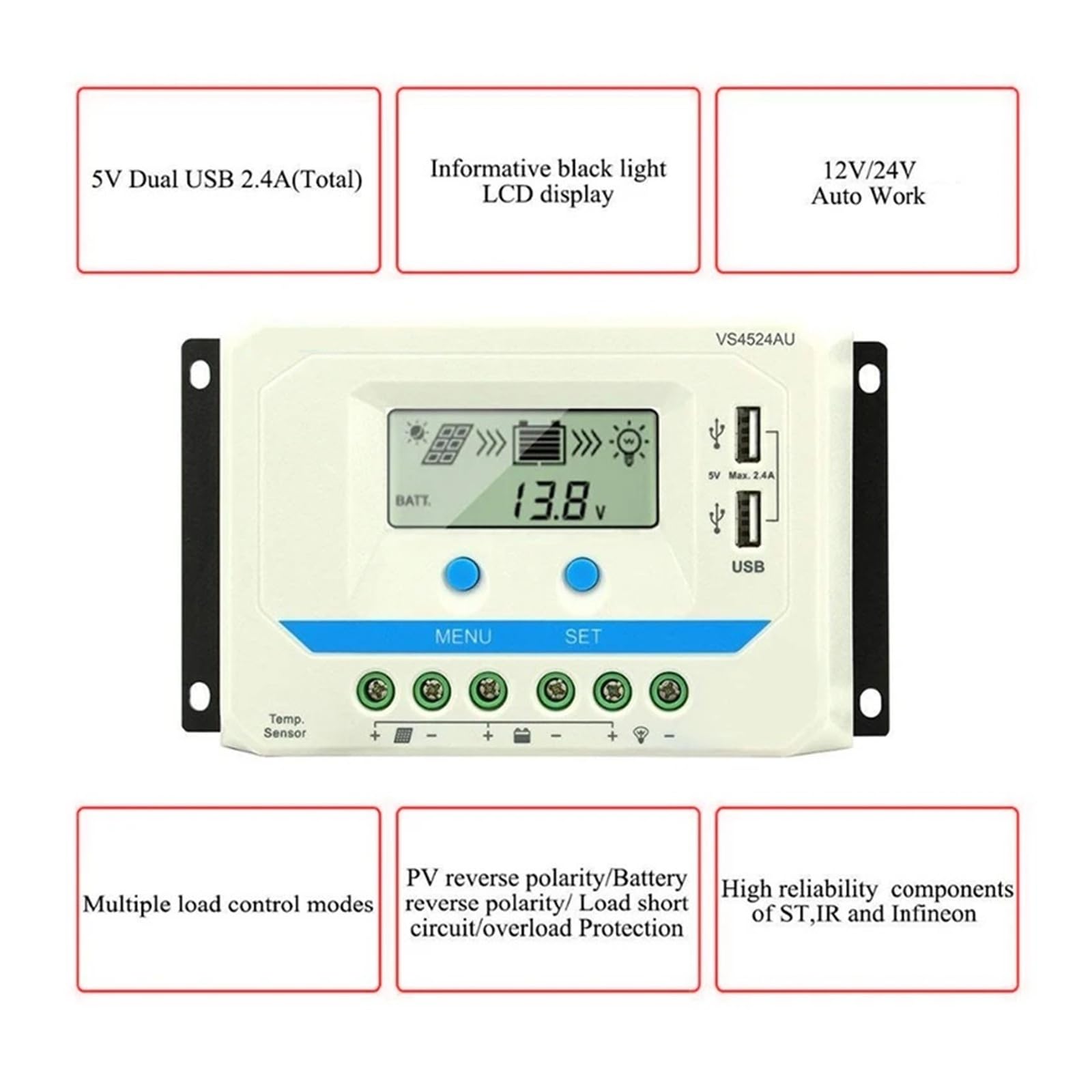 Regulator ładowania słonecznego PWM 60 A, 45 A, 30 A, 20 A, 10 A, 12 V, 24 V, 36 V, 48 V, z automatycznym panelem słonecznym i podświetlanym wyświetlaczem LCD. (60A (VS6048AU))