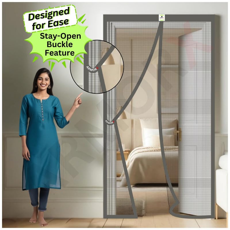 Image of ARMORX High Tensile Polyester Magnetic Door Mosquito Net, Self Closing Magnets with Buckle Strap, Protection from Insects, Pets & Kids Friendly | Classic Grey -215cm x 100cm