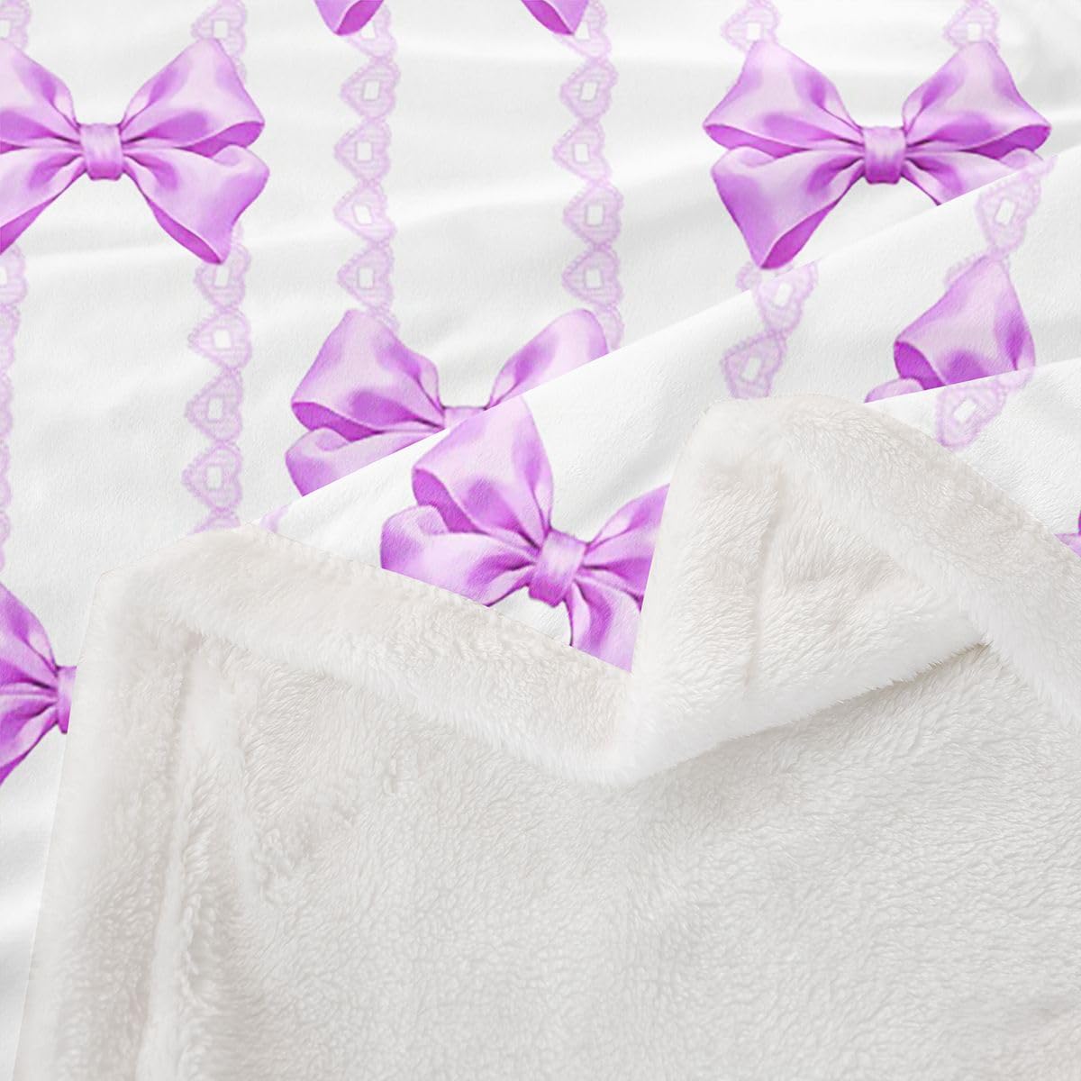 Homewish Kokarda dziewczęca kawaii fioletowy koc szerpa księżniczka kokardka marzycielski puszysty pluszowy narzuta koronka w paski polarowy koc - wstążka śliczna dekoracja na łóżko kanapę