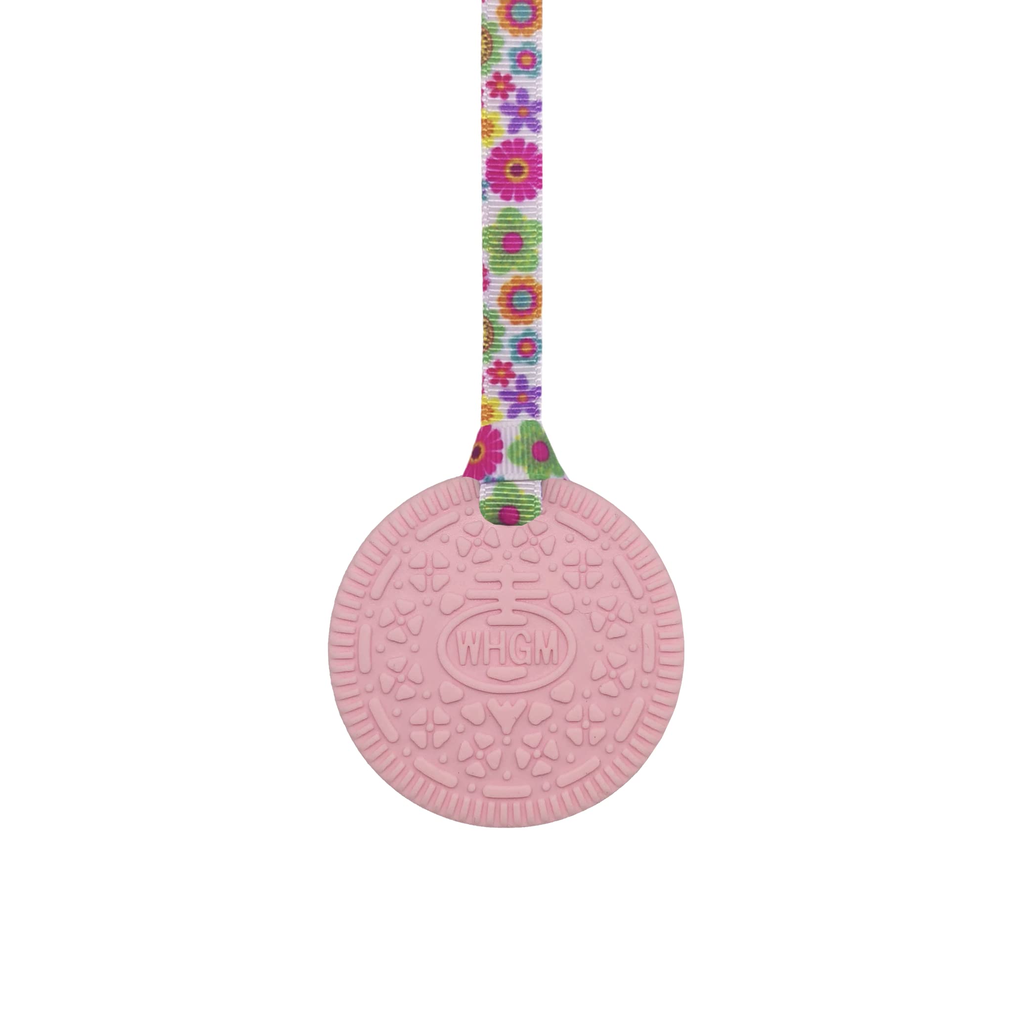 Sensory Oojamabobs - Biscuit pendant chew necklace - Autism - Light pink & white with lanyard (8 designs available!) (70cm, Flowers) — image 1