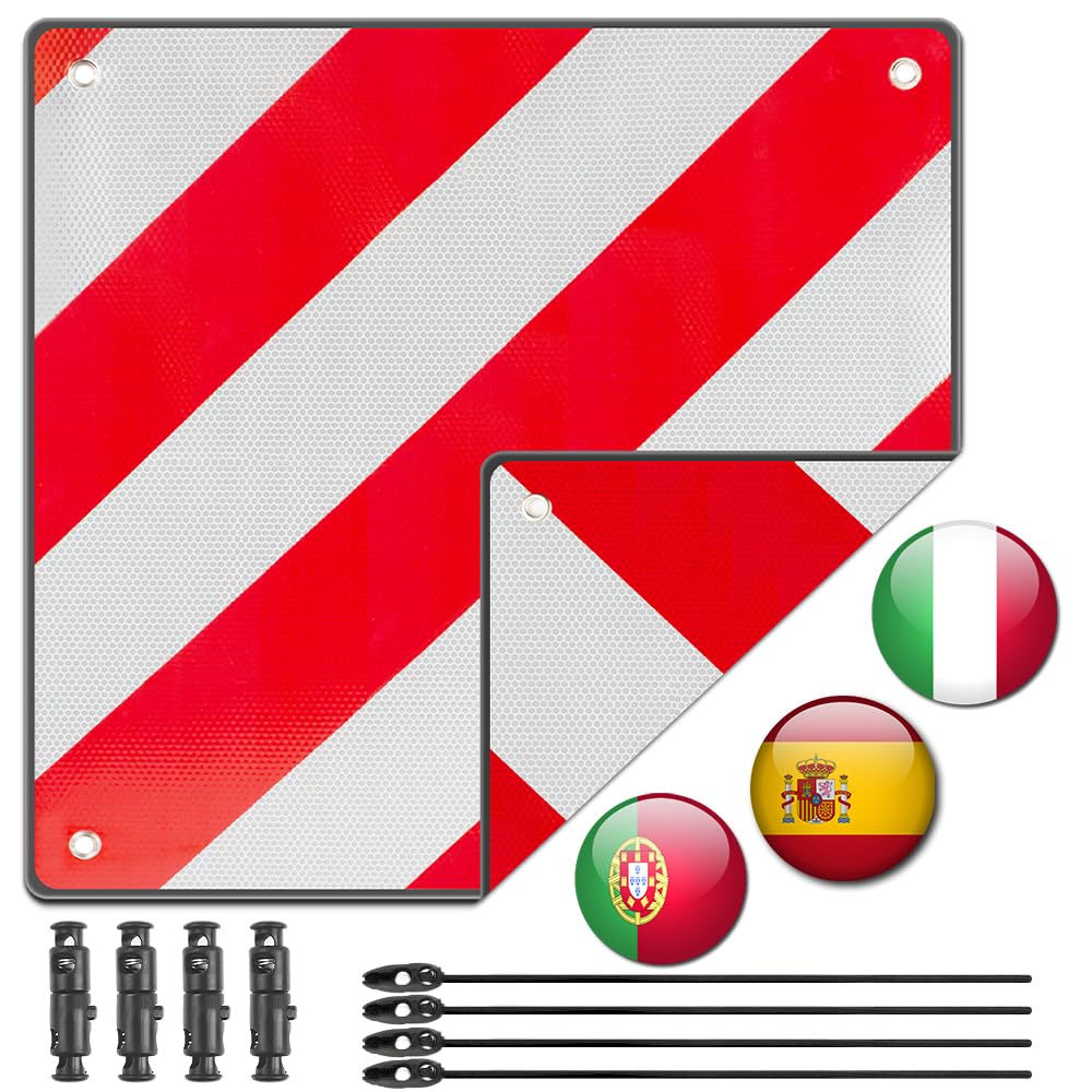 Panneau d'Avertissement Réfléchissant, 2 en 1 Panneau Avertissement Porte-Vélos 50x50cm Italie et Espagne avec 4 Nœuds de Corde pour Porte-vélos, Remorque Arrière, Voiture, Camping-car