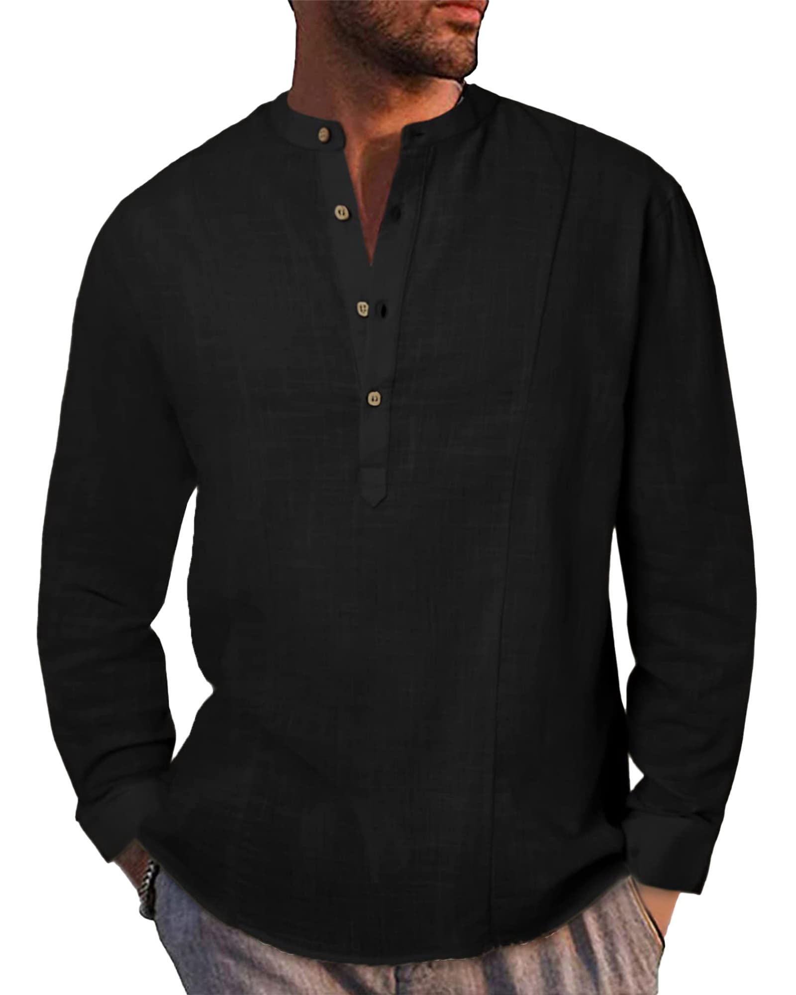 LVCBL Hemd Herren Henley Langarmhemd Baumwolle Leinenhemd Frühling Sommer Freizeithemd