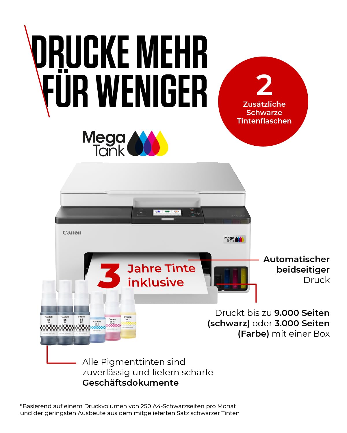 Canon MAXIFY GX1050 Tintenstrahldrucker 3-in-1 Multifunktionsdrucker MegaTank (Drucker, Scanner, Kopierer, WLAN, Cloud, Duplexdruck, 250 Blatt Kassette, Tintentank) Enthält 6 x Tintenflaschen