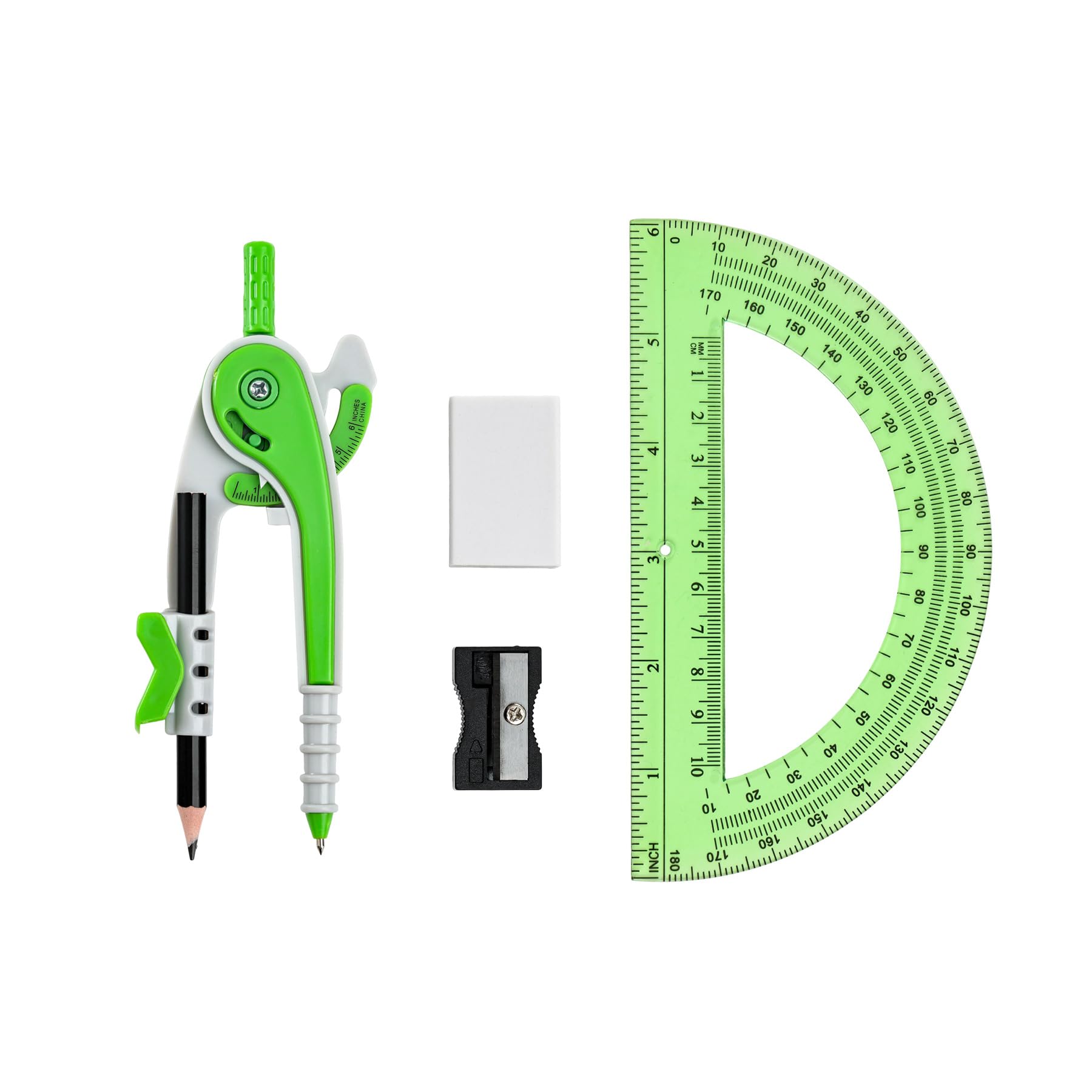 Unjoo Compass for Geometry Set, 6 Inch Protractor, Clear Plastic (Green)