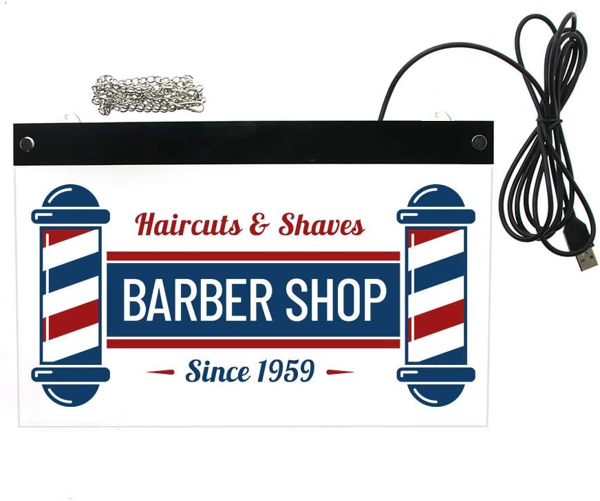 The Geeky Days Haircuts & Shaves Barber Shop LED Electronic Lighted Sign Hairdresser Custom Hair Salon Acrylic LED Edge Lit Barbershop Logo (40x30cm/15.74 x12inches)