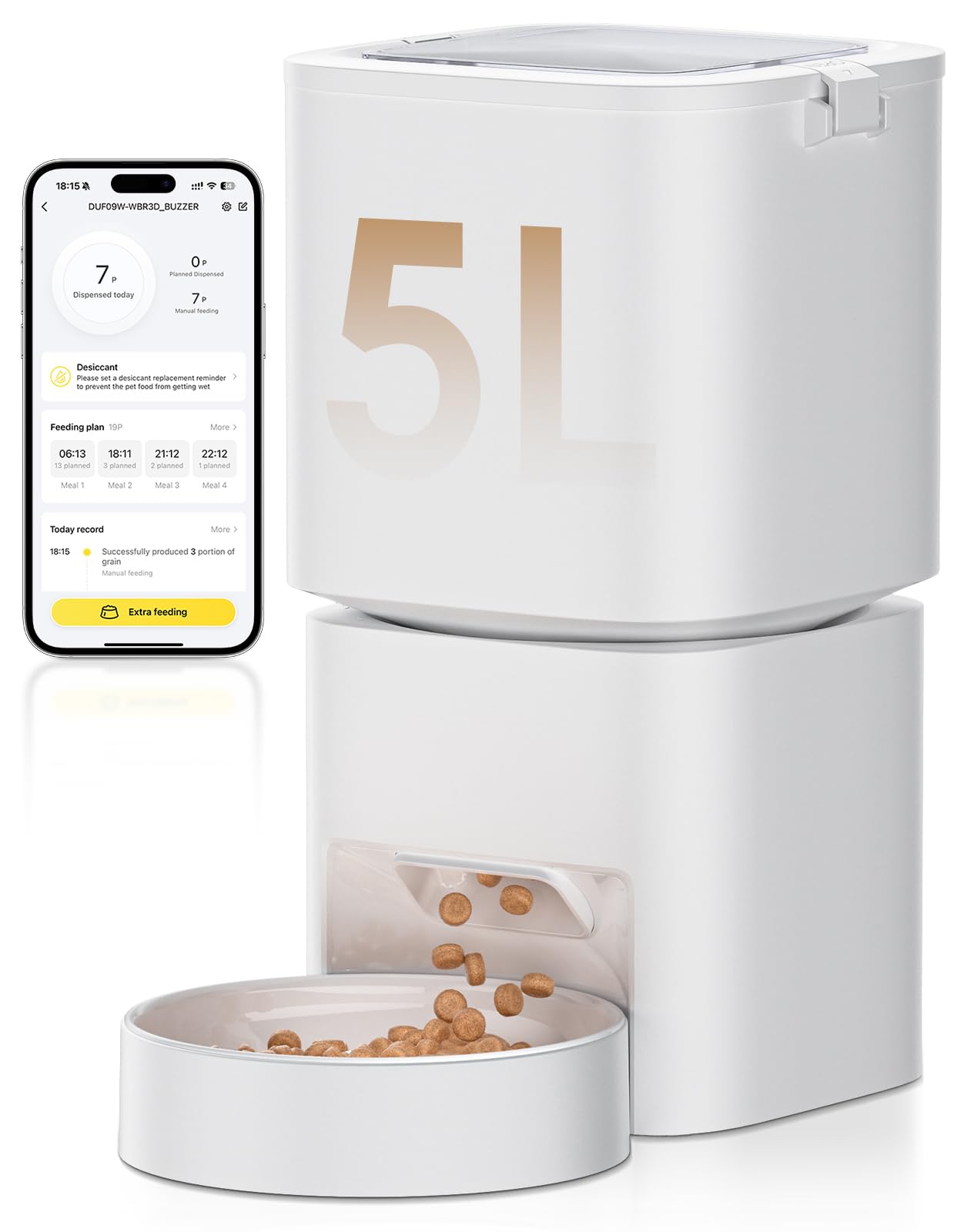 Mangiatoia automatica per gatti, 5 l, grande capacità, 2,4 GHz/5 GHz WiFi intelligente con controllo app, 1-10 pasti al giorno, mangiatoia per gatti e cani