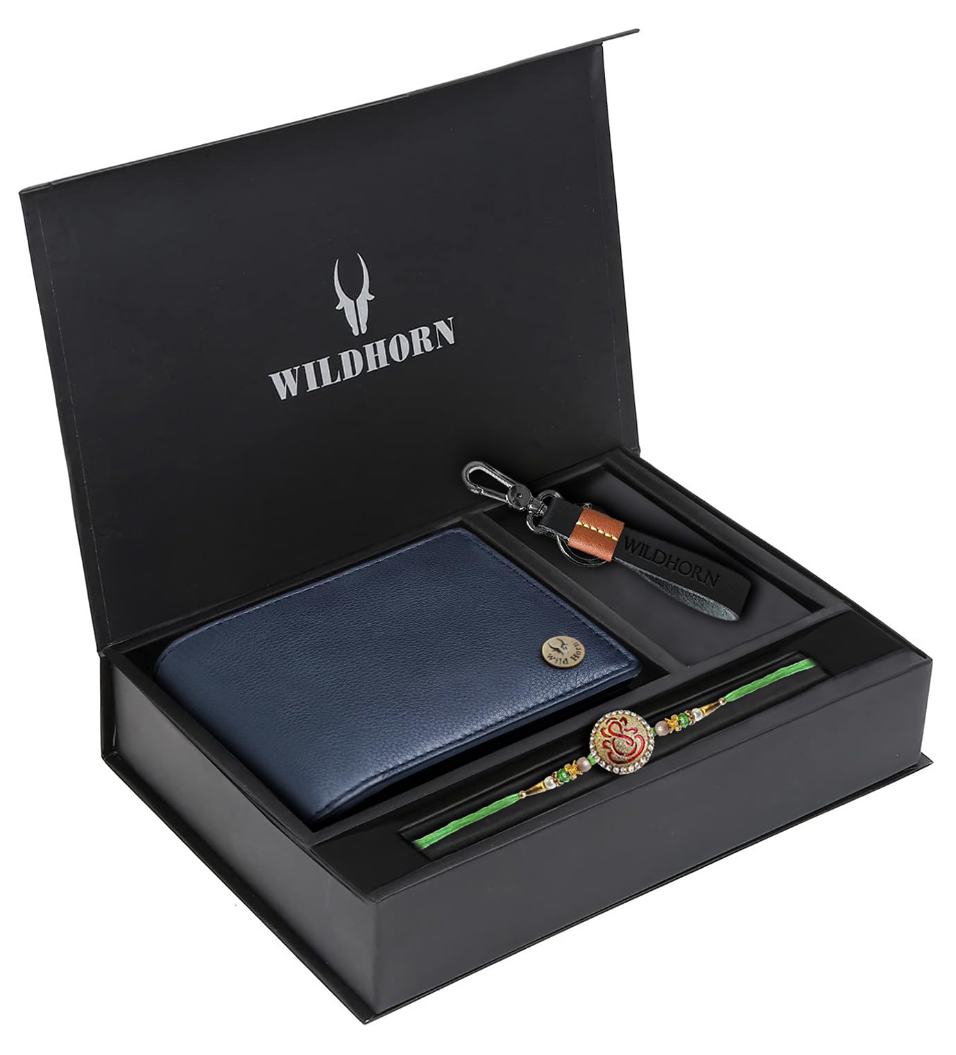 WildHorn Rakhi Gift Hamper For Brother - Classic Men's Combo/Gift Set Of Leather Wallet, Keyring And Rakhi For Brother/Bhaiya.,Blue