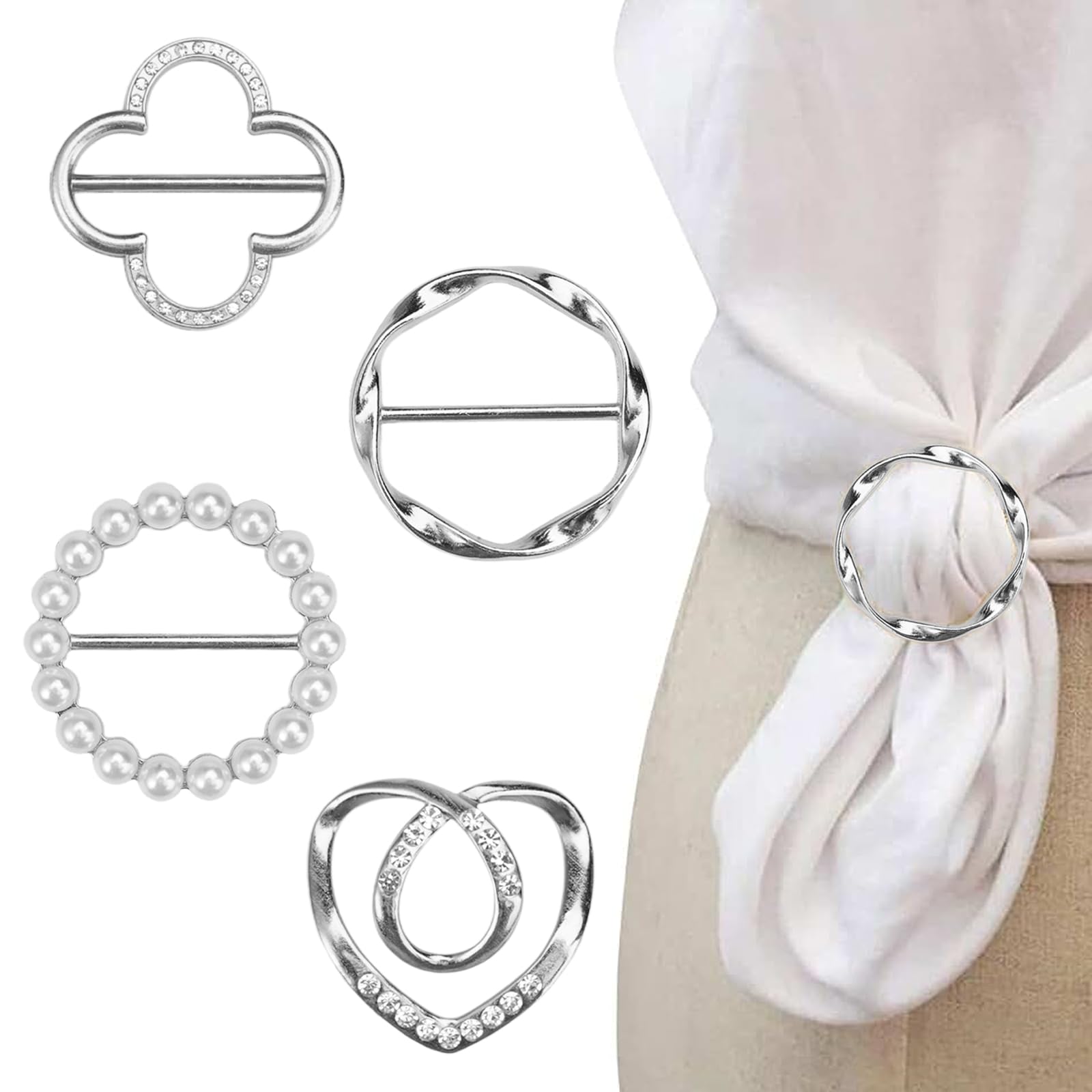 4PCS Scarf Ring Clip -T-shirt Ties Clips Clothes Corner Knotted Button for Women Fashion Metal Round Circle Shirt Clip Buckle
