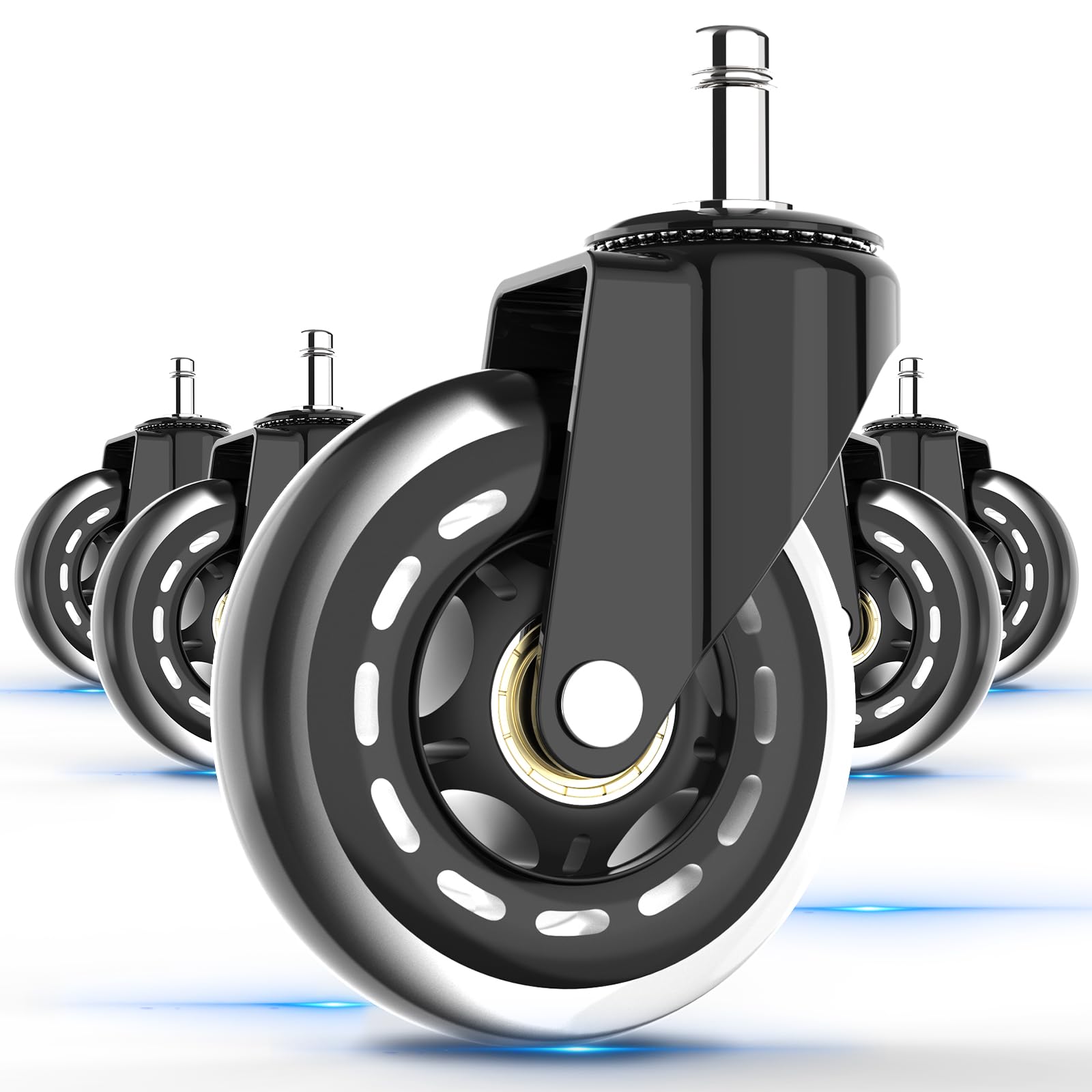 Office Chair Wheels Roller Blade - 11x22mm Stem Size，3 Inch Heavy Duty Rubber Caster ，Desk Chair Wheels Replacement Set of 5，Quiet Smooth for All Floors Including Hardwood and Carpet，Black (Black)