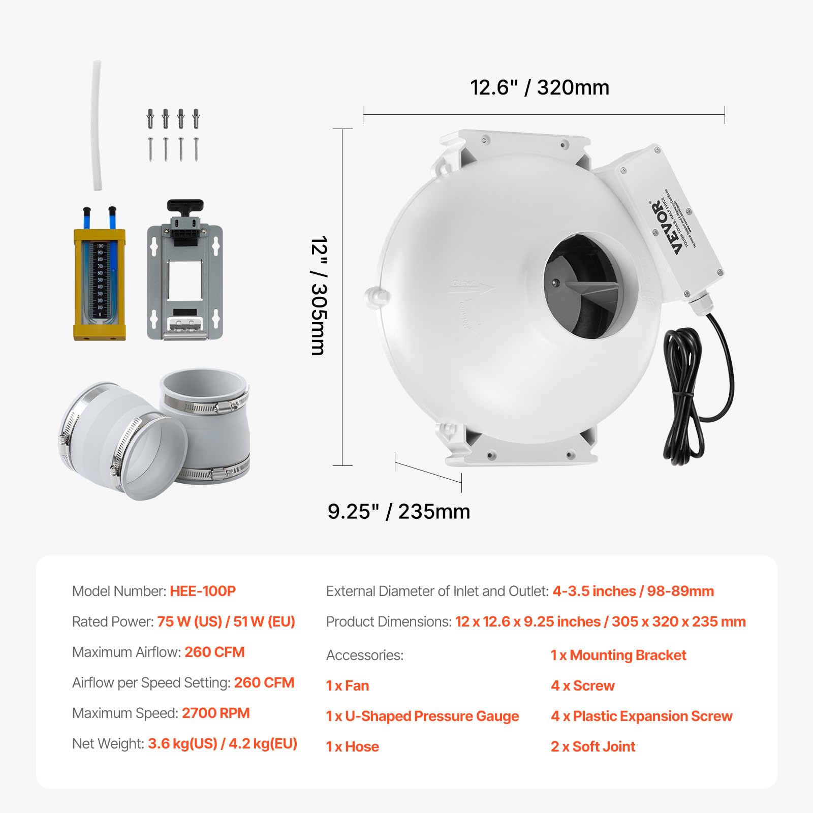 VEVOR Kit de Instalación de Ventilador de Mitigación Radón Silencioso 260 CFM con 2 Acopladores, Indicador de Presión, Ventilador de Extracción para Ventilación Interior y Exterior, 305 x 320 x 235 mm