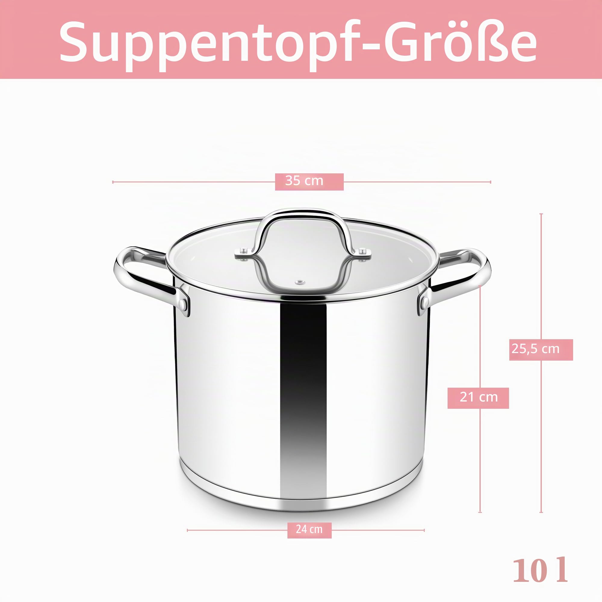 Herogo Suppentopf, 10 l, Suppentopf aus Edelstahl mit transparentem sichtbarem Deckel, 24 cm Induktions-Suppentopf für Suppe, dreilagiger Boden für alle Herde, großes Fassungsvermögen zum Schmoren