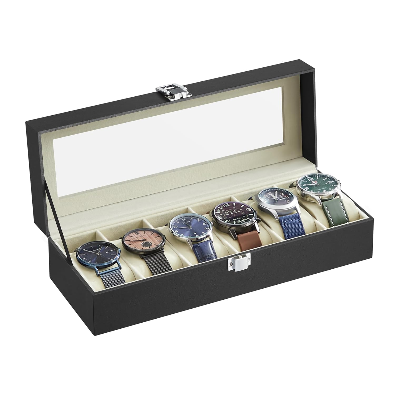MEXFO Watch Box with 6 Slots, Watch Case with Glass Lid, Watch Display Box with Removable Watch Pillows, Metal Clasp, Gift Idea, Black Synthetic Leather, Greenish Beige Lining JWB06BE (B0D9NK5NGF) Amazon Price History, Amazon Price Tracker