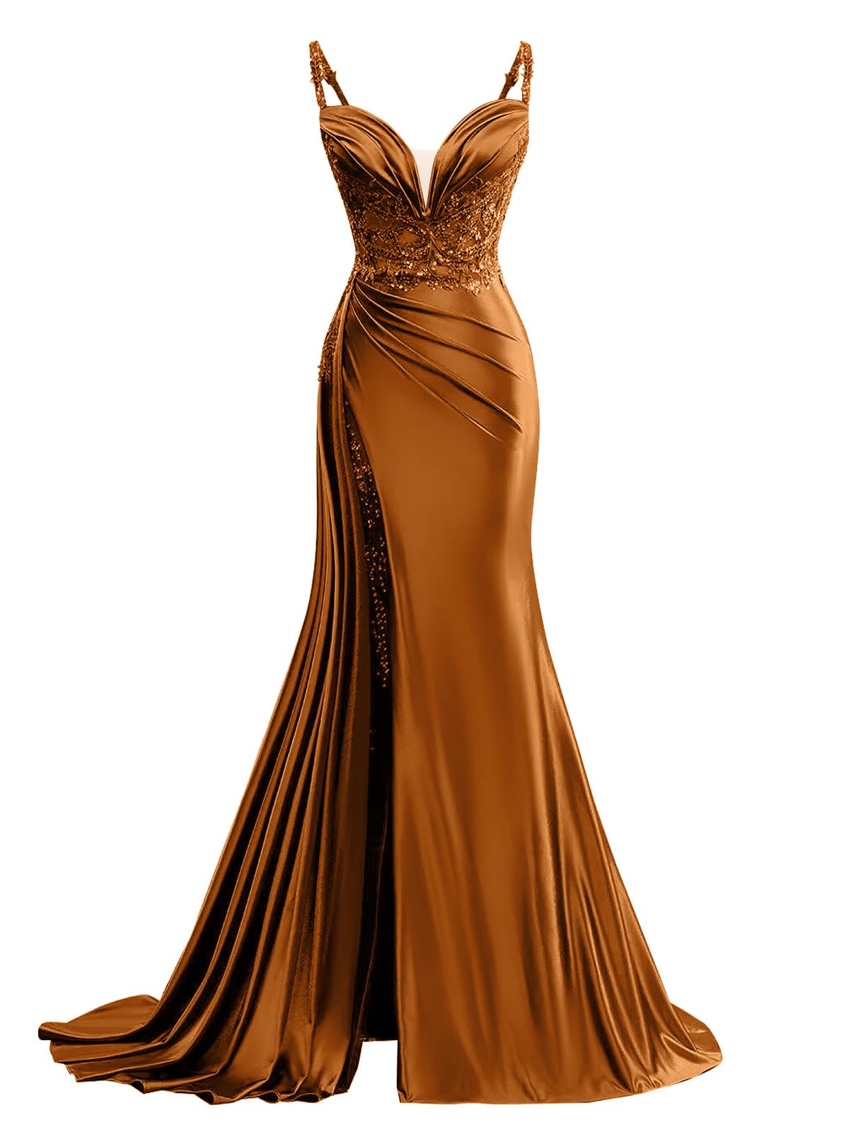 Satin Prom Dresses for Women Spaghetti Strap Formal Evening Gown with Slit Lace Appliques Ball Gown