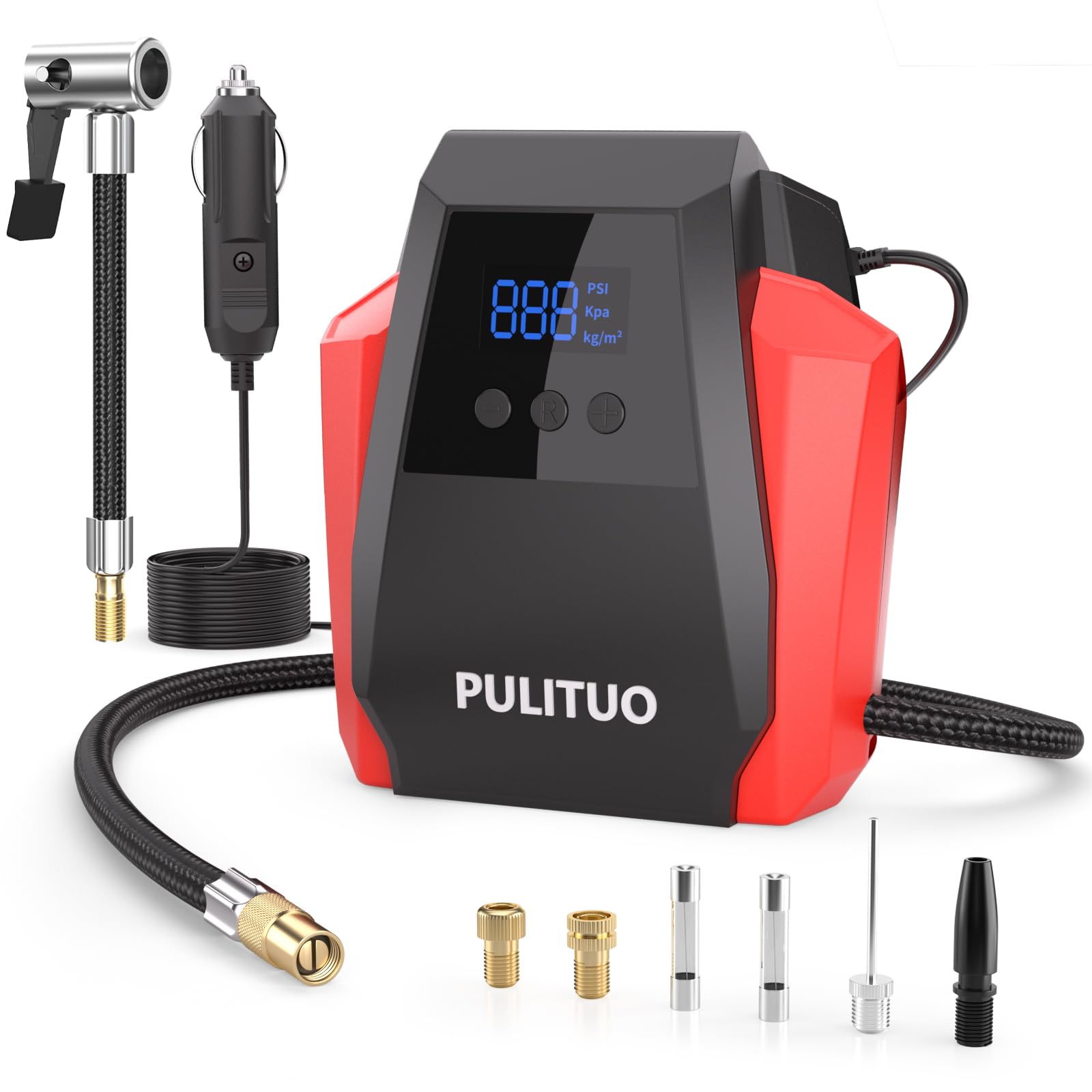 PULITUO Tire Inflator Portable Air Compressor, Tire Air Pump for Car Tires, 12V DC Auto Pump with Digital Pressure Gauge, Emergency LED Light for Bike, Ball,Car (Red)