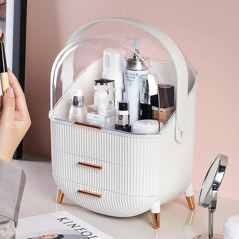 DIALFA Waterproof& Dustproof Makeup Organizer Box with Portable Handle, Large Capacity Cosmetic Organizer for Bathroom Counter, Bedroom Desk (white)