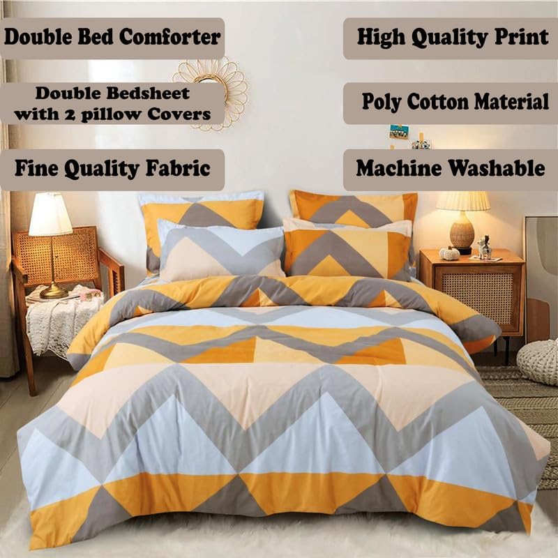 Image of Polycotton Printed 120 TC Comforter & Bedsheet Double Bed Bedding Set, Queen Size (90x100 inch), Yellow & Grey, 4 Pieces