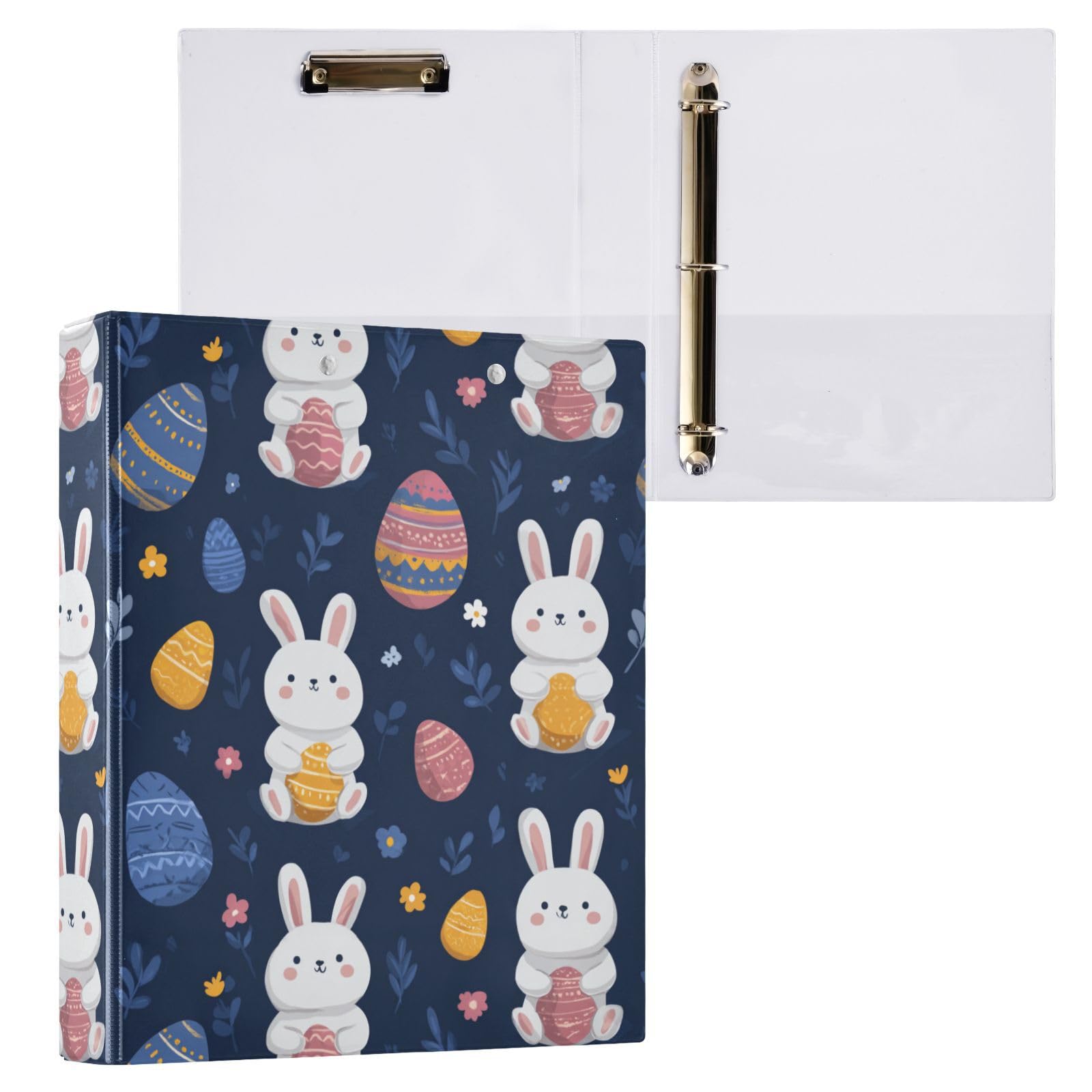 Kcldeci Raccoglitore a 3 anelli con copertina rigida per carta formato lettera, coniglietto pasquale e uovo, anelli rotondi da 3,8 cm, organizer per scuola/ufficio, confezione da 2