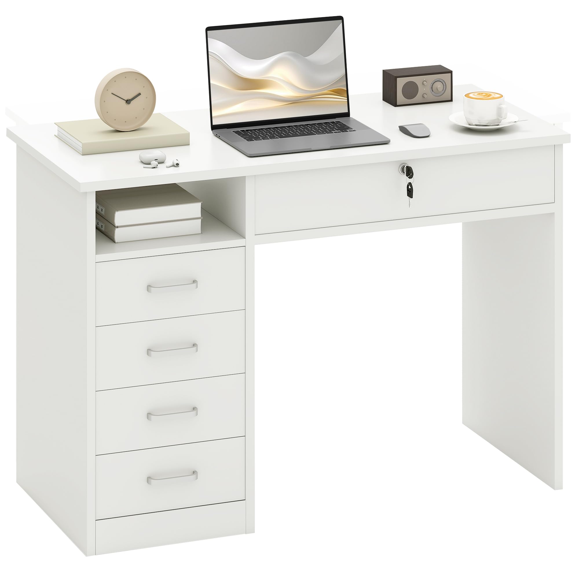 desktop in legno con 5 cassetto e superficie da lavoro per ufficio e camera da letto, bianco
