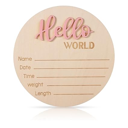Newborn Announcement Sign, 5.9in Wooden Hello World Baby Welcome Sign Birth Baby Name Plaques for Newborn Boys and Girls Photo Props Shower Hospital Nursery (Light Pink)
