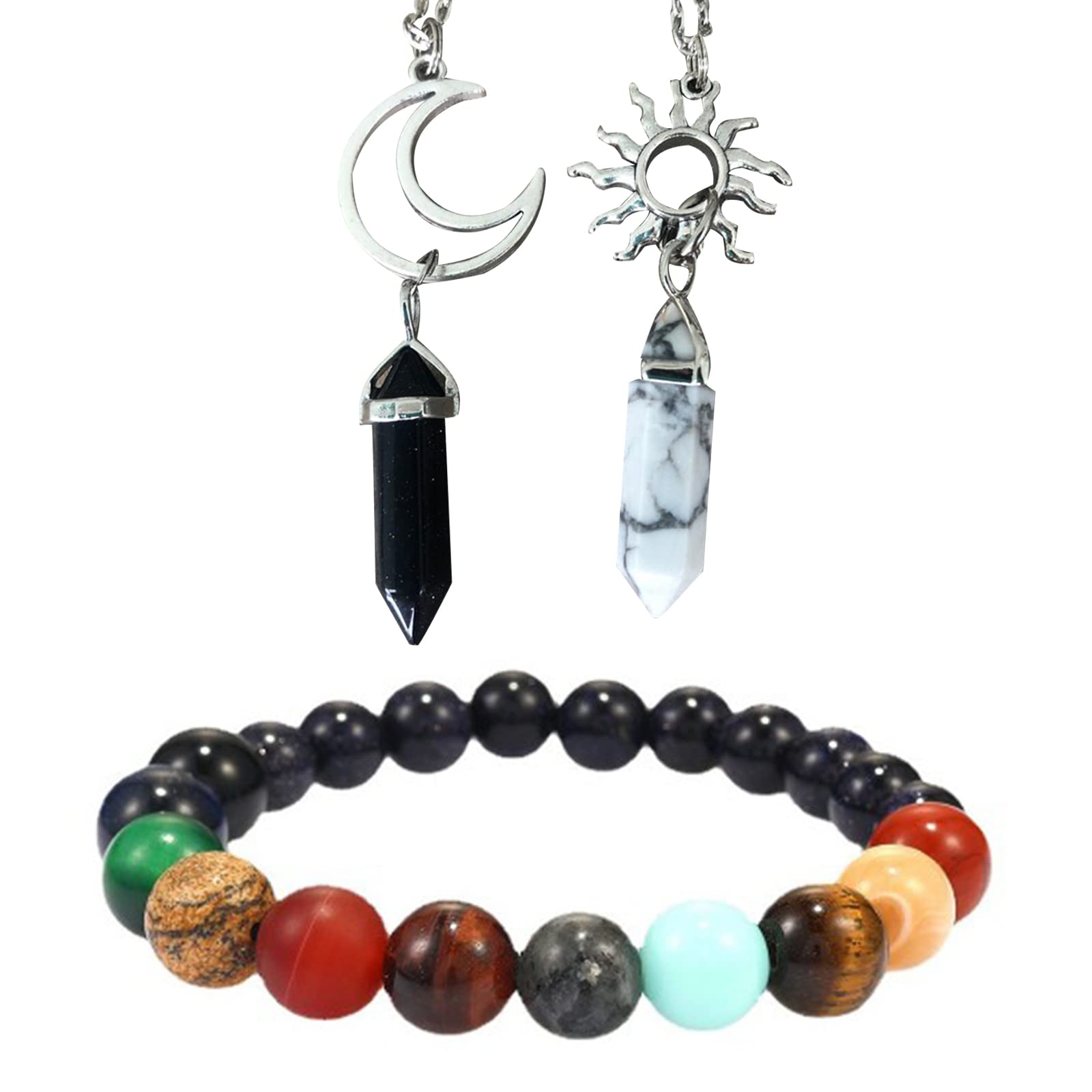 SoulnioiSoulnioi 2pcs Hexagonal Column Crystal Sun and Moon Pendant Necklace Crystal Healing Black Agate+ Clear Quartz for Best Friends/Couples and 1pcs Crystal Agate Universe Nine Planets Beads Bracelet