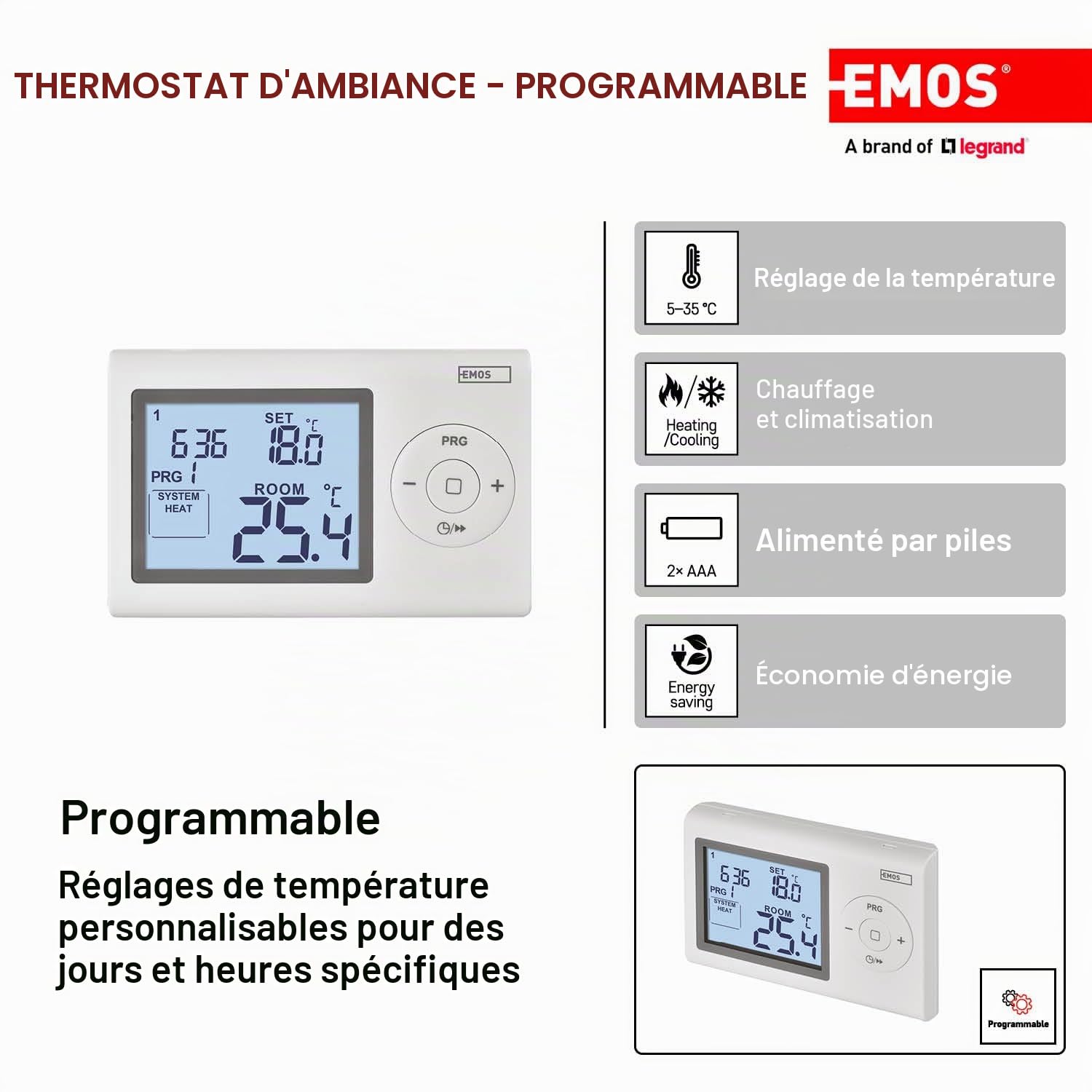 EMOS - Thermostat numérique avec écran LCD - Filaire programmable - Chauffage/climatisation - Plage température 5-35 °C - Montage en Surface - Protection Protection antigel - Pile Incluse - Blanc
