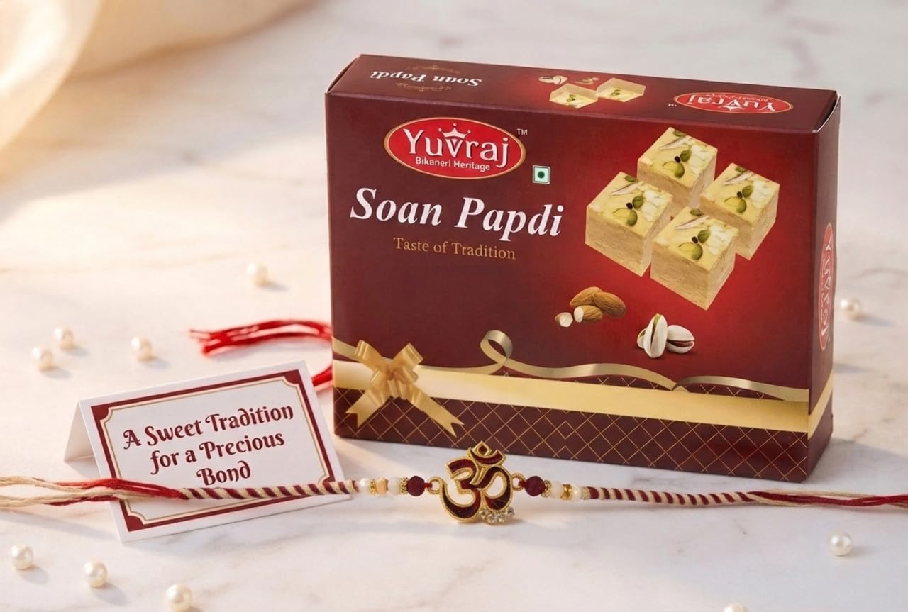 Yuvraj Bhaiya rakhi (om desing) & sweets soan papdi 200 gm with roli chawal pack-image-36