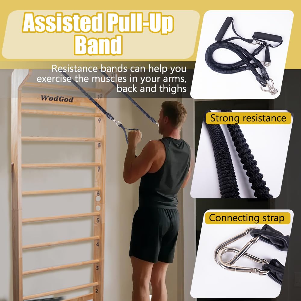 Wood Swedish Ladder with 11 Strategic Rods,Withstands up to 330 lbs,Stall Bar,Include Exercise Straps+Pull-Up Resistance Band+Pull-Up Bar,31.5”*86.6”,Wall Mounted,Stretching and Various Exercises,Indoor Home School Gym Fitness