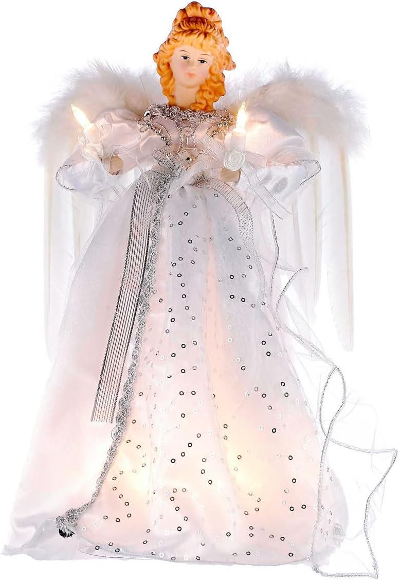 KSA 14" Ice Palace Lighted White & Silver Angel Christmas Tree Topper - Clear Lights