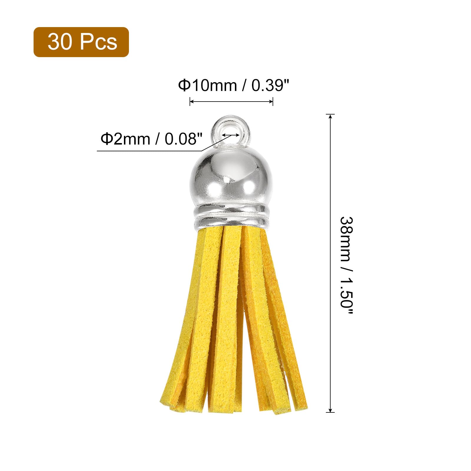 HARFINGTON 30Pcs 1.5 Inch Leather Tassels Keychain Charm with Silver Cap for Pendant Bracelet Jewelry Making DIY Craft Decoration, Yellow