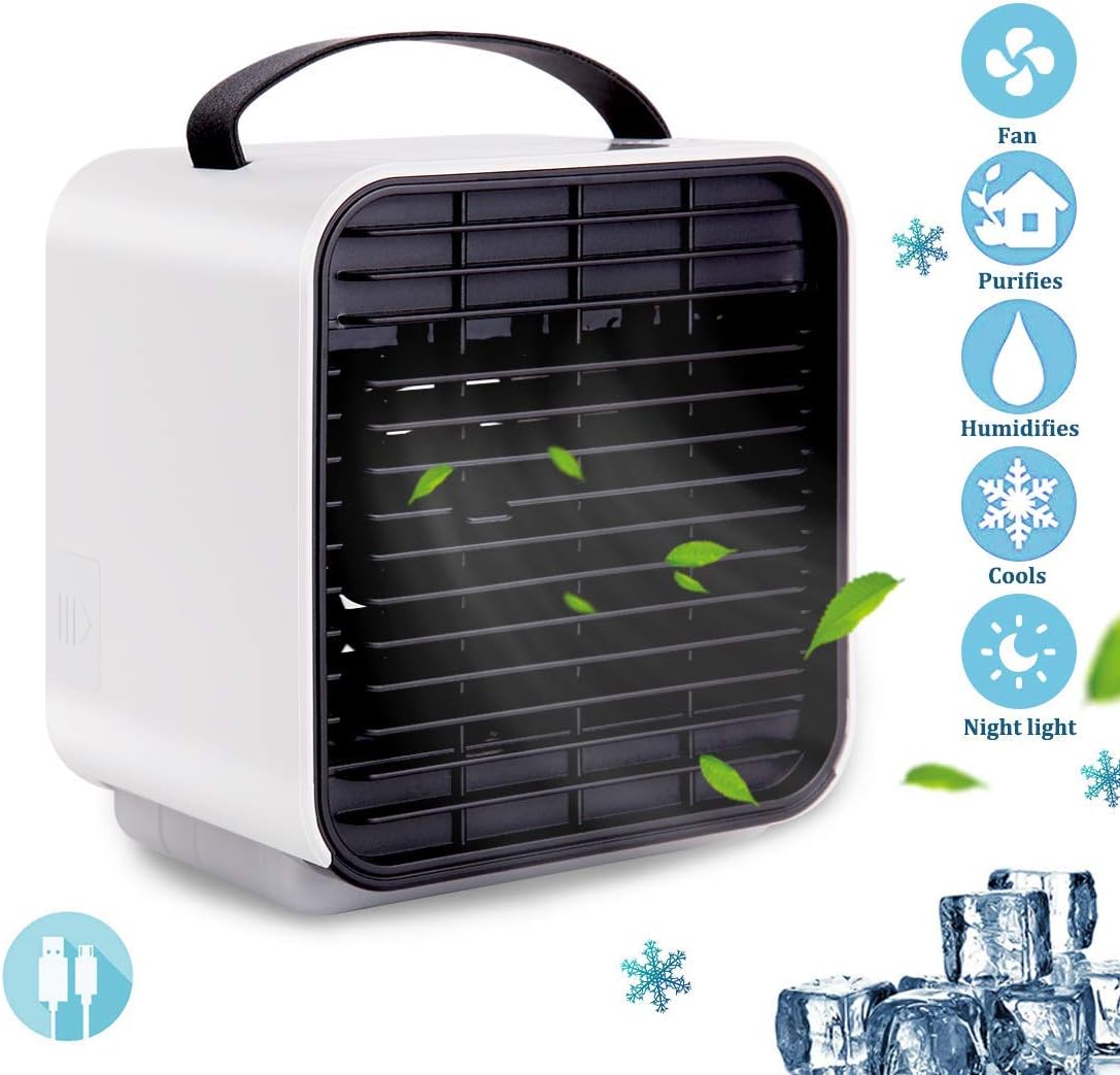 Portable Air Conditioner Fan, 5 in 1 USB Evaporative Cooler Personal Mini Air Conditioner Humidifier Purifier Cooler Rechargeable Kids Air Conditioner Fan with LED Light for Home Outdoor Travel