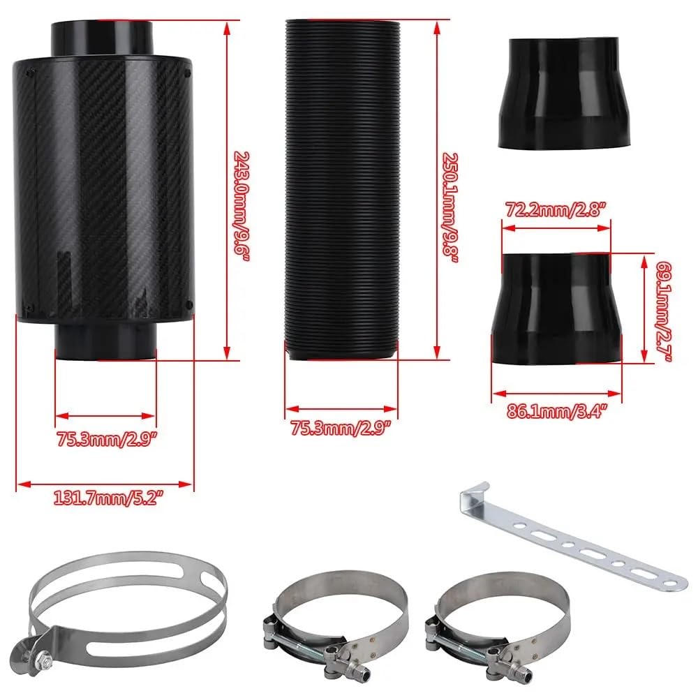 Filtro de Entrada de Aire para Coche Kit de inducción de alimentación en frío de fibra de carbono universal Tubo de filtro de aire de inducción