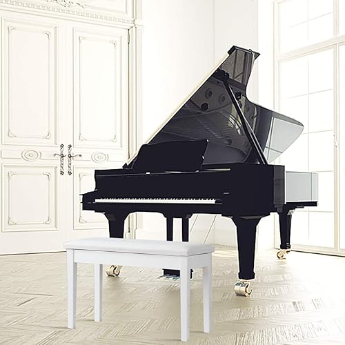 Miniatura 2 de GOFLAME Banco de piano dúo, blanco, cojín acolchado, construcción de madera maciza, almacenamiento de música oculto, 29.5 x 14 x 19.5 pulgadas