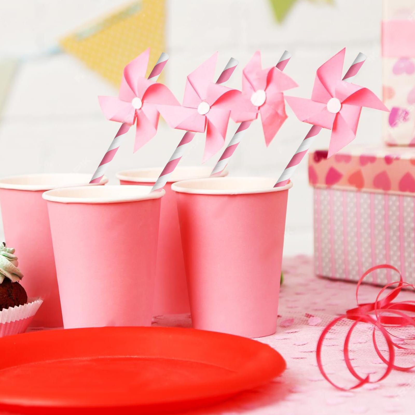 Lot De 6 Pailles En Papier Pour Baby Shower - Design Rose Assorti, Marque Henbrandt, Neuves