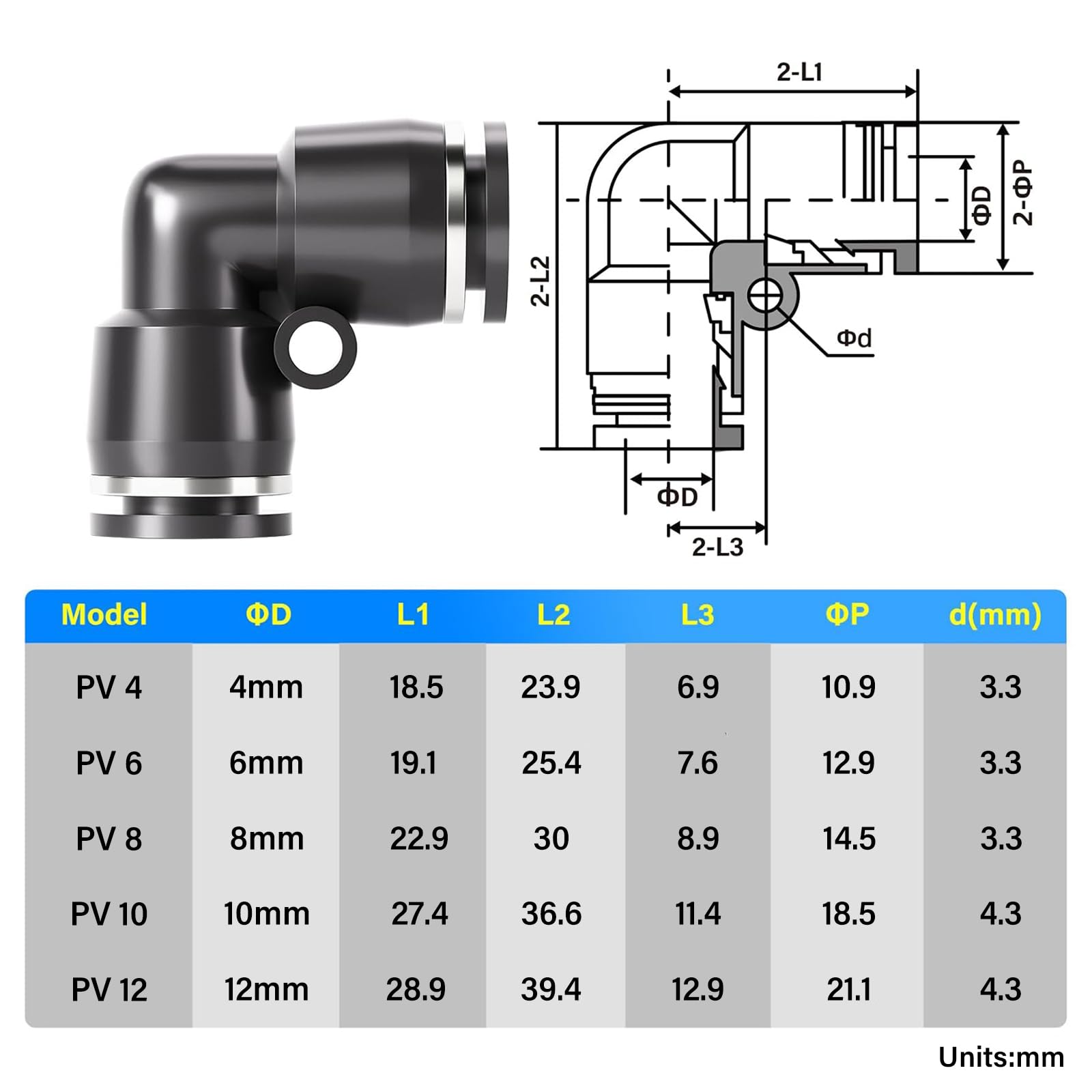 TAILONZ PNEUMATIC Gomito nero 6 mm OD per il collegamento di raccordi per tubi Tenuta a pressione PV6 (confezione da 10)