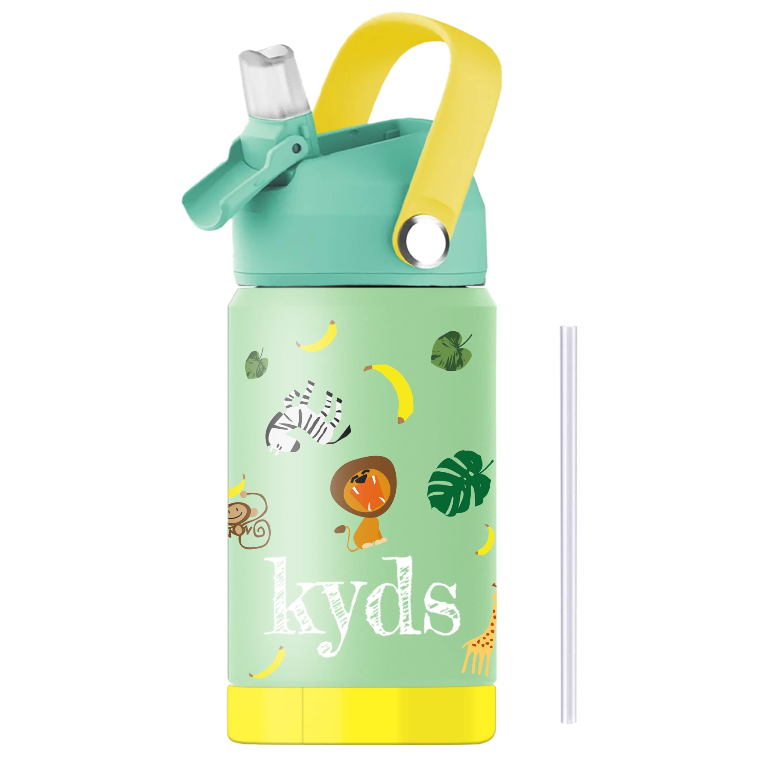 kyds® Trinkflasche Kinder, Thermo Edelstahl Wasserflasche, Auslaufsicher, mit Trinkhalm, hygienischer Klappdeckel, BPA-frei, spülmaschinenfester Deckel, Trinkflasche für Schule Sport Spielzeug