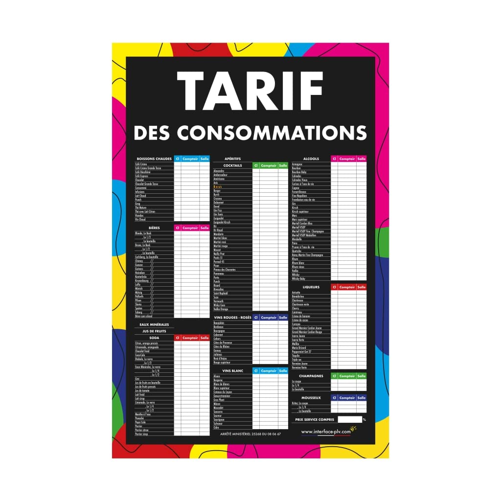 Panneau bois brut "TARIF DES CONSOMMATIONS" moderne dimensions 60 x 40 cm