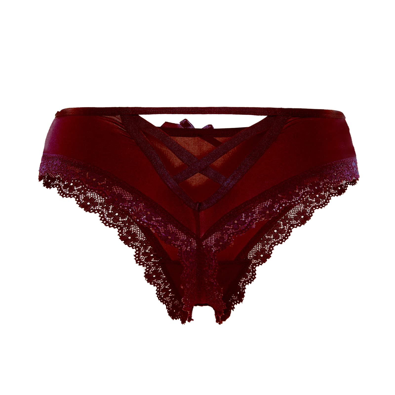 CITUYERWomens Lace Trim Panties G-String Back Criss Cross Mid Rise Thong, Red Wine, XL