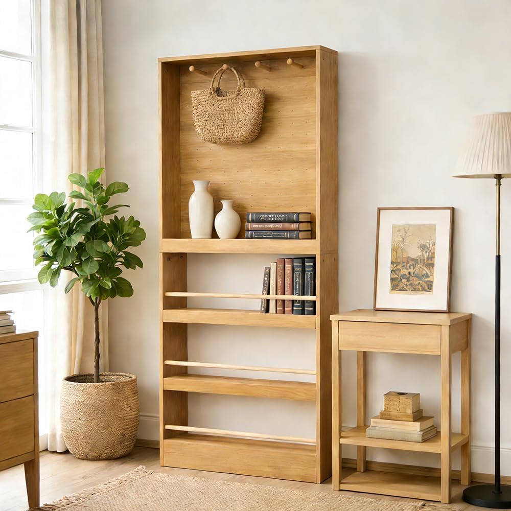 70.1" Tall Behind-The-Door Bookshelf - Open-Shelf Wooden Floor Bookcase with Perforated Board | 4/6/8 Inch, Multi-Purpose Display Storage Organizer Wood Color 31.5×4×70.1"