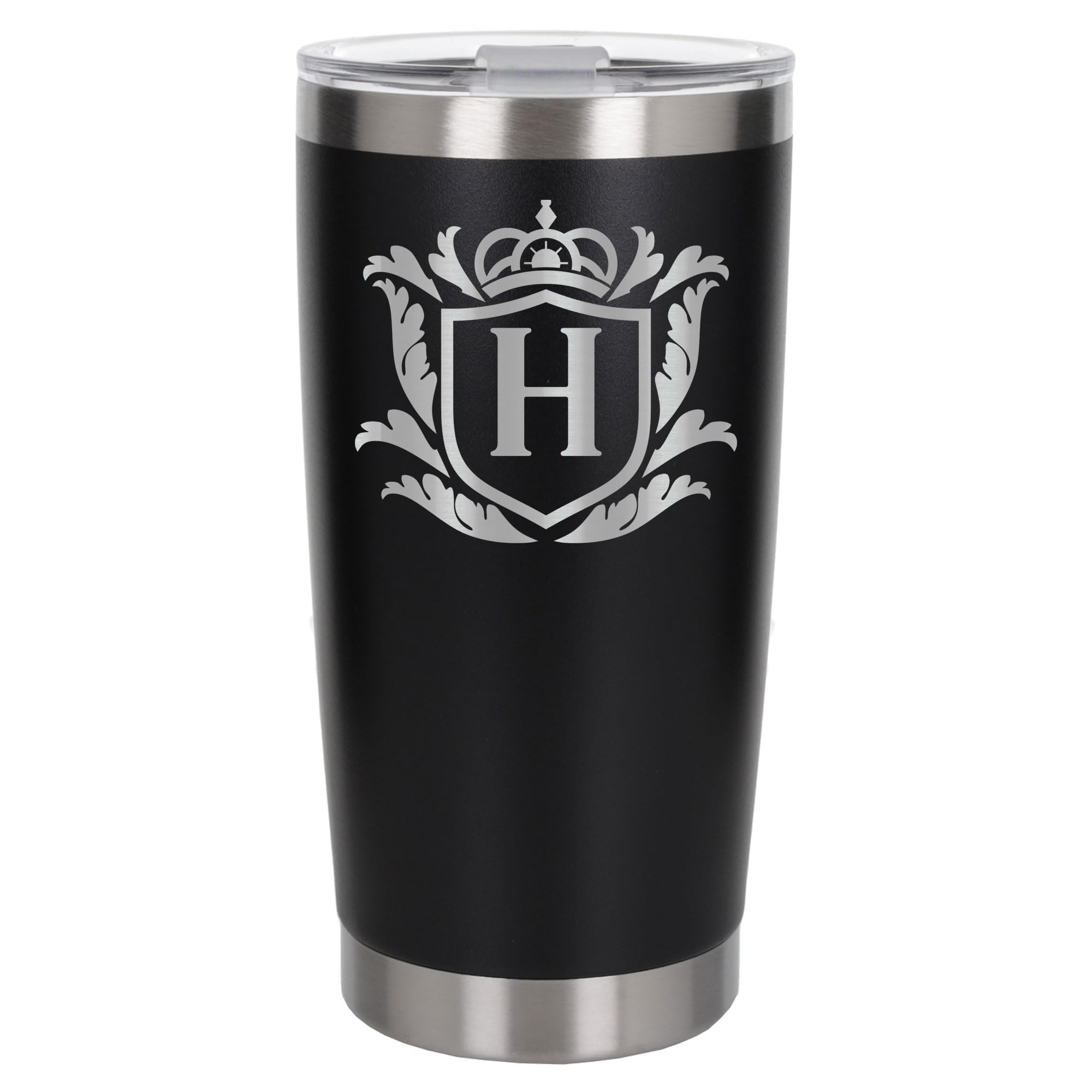 Customised Gifts 500ml Engraved Shield Initial Monogram Insulated Personalised Black Travel Mug for Men and Women - Personalised Initial Coffee Travel Mug for Hot and Cold Beverages, Letter H