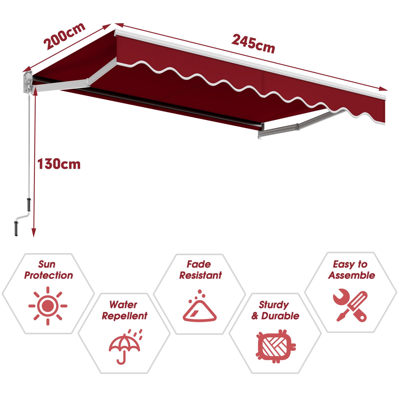 COSTWAY Markiza z ramionami przegubowymi, 300 x 250 cm, markiza tarasowa z aluminiową ramą i korbą ręczną, kąt nachylenia markizy przeciwsłonecznej regulowany w zakresie 40-100°, ochrona
