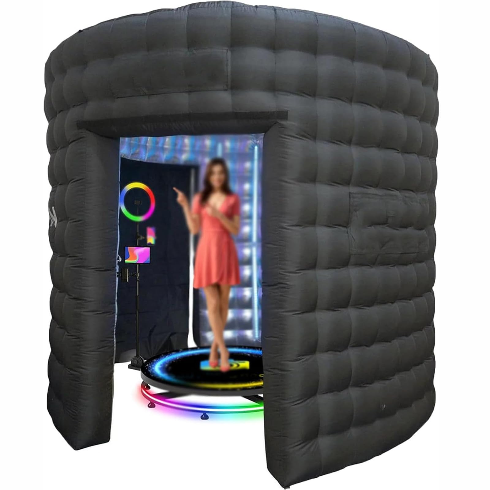 JIADUOFU 360 photo booth machine, inflatable photo booth enclosure photobooth tent 2 doors+curtain+air blower,10ft wide inflatable photo booth wall background,indoor backdrop with rgb LED light
